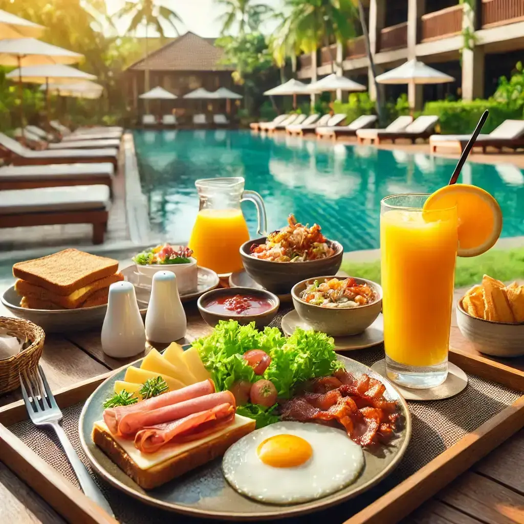 Delicious breakfast spread with fresh juice, served by the pool