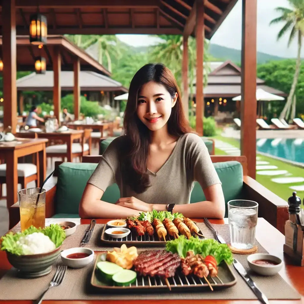 Woman enjoying a Sunday barbeque at a resort restaurant