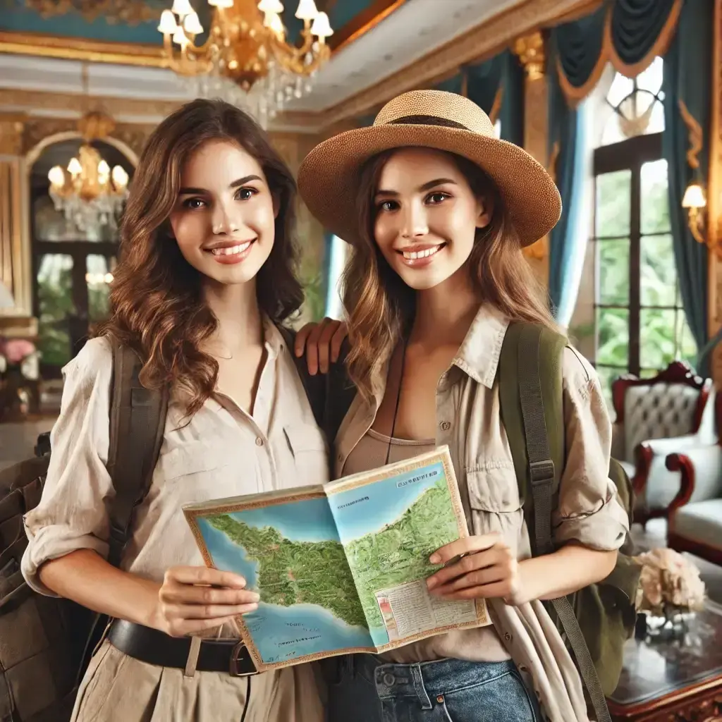 Two women preparing for an excursion, smiling and holding maps