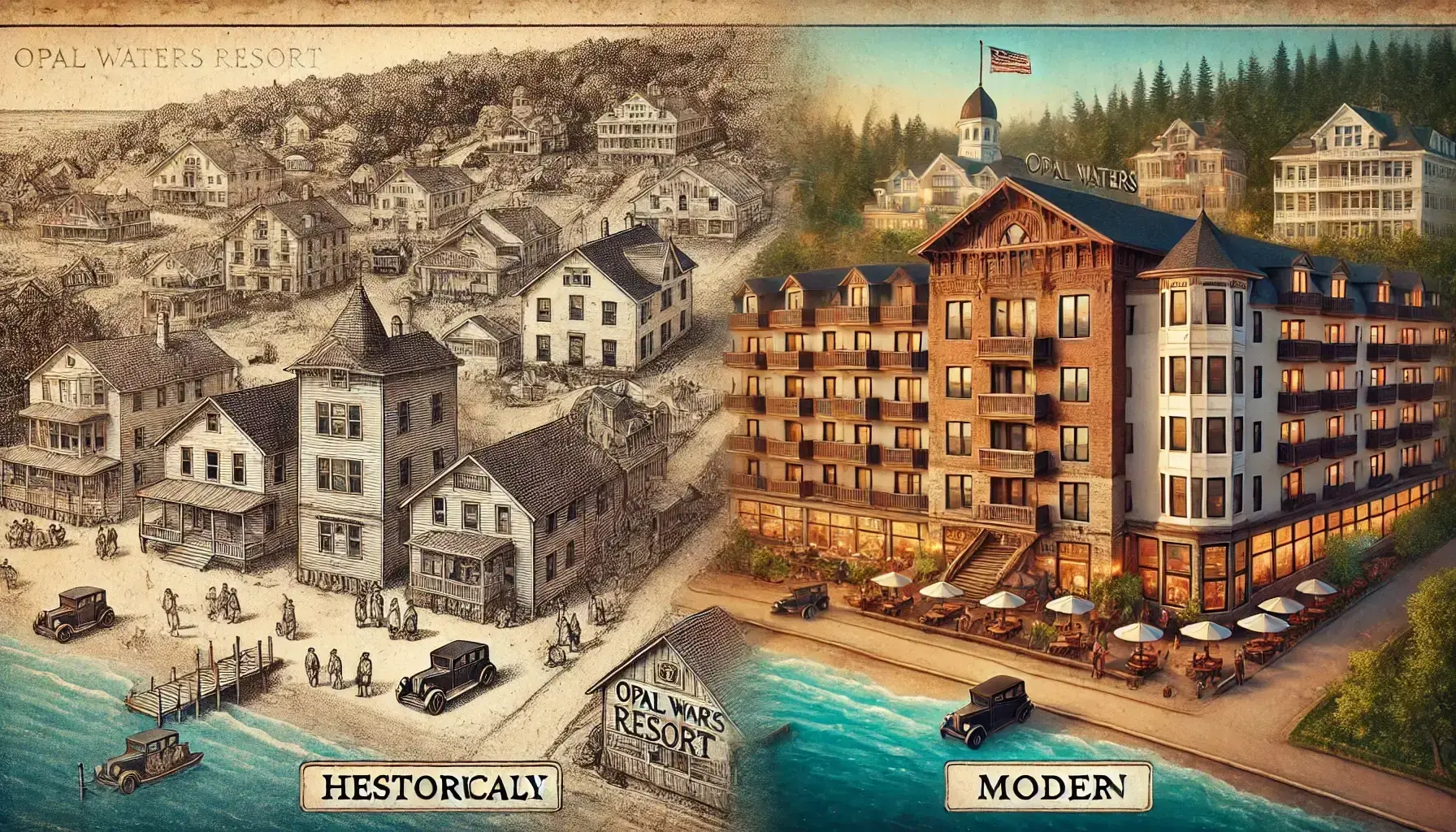 Historical view of Opal Waters Resort, showcasing its transformation over the years