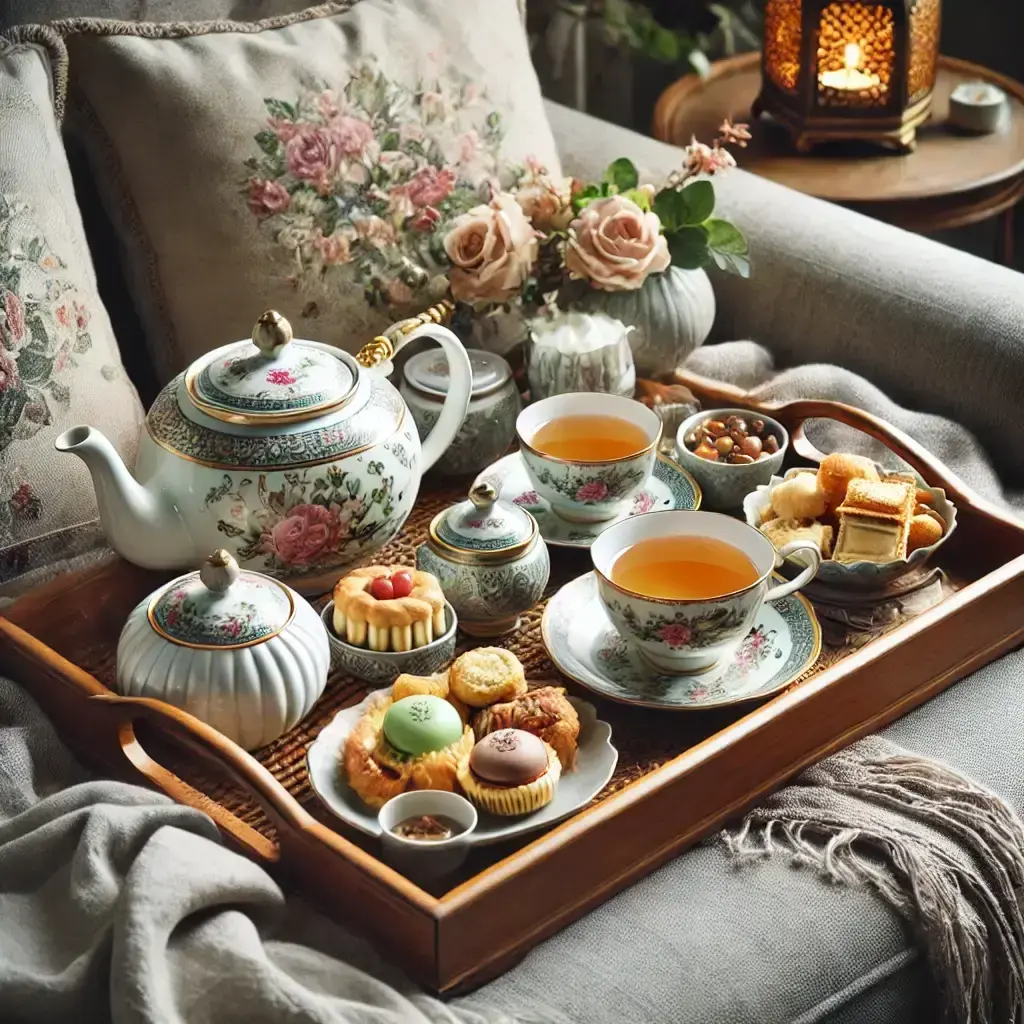 Tray with tea set and snacks, perfect for a relaxing afternoon