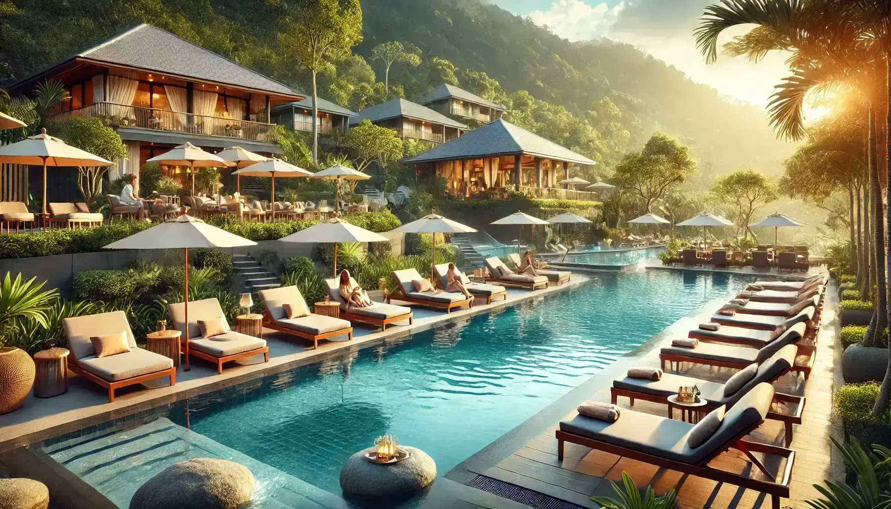 Luxurious resort pool area with lounge chairs and umbrellas