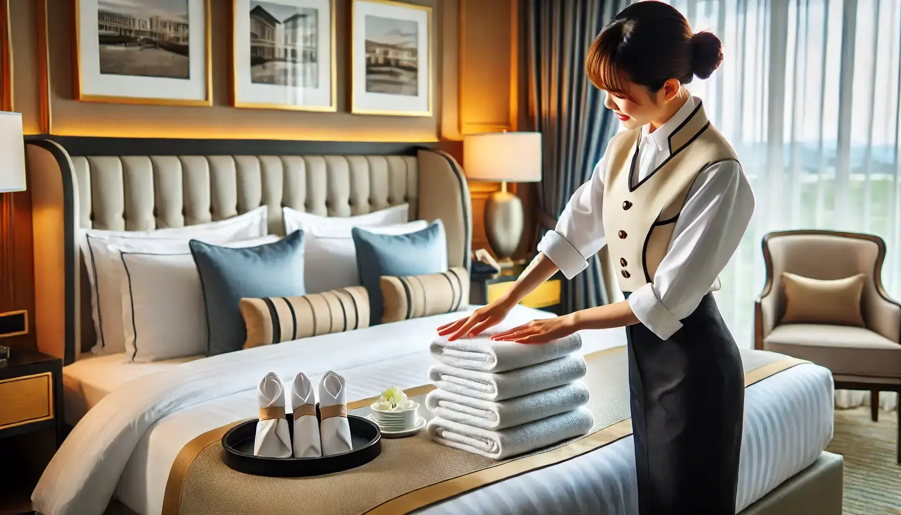 Hotel staff preparing a luxurious room with fresh towels