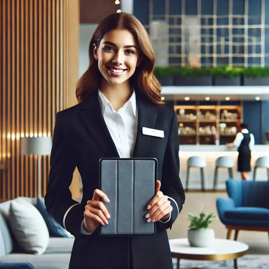 Hotel staff member holding a tablet, ready to assist guests