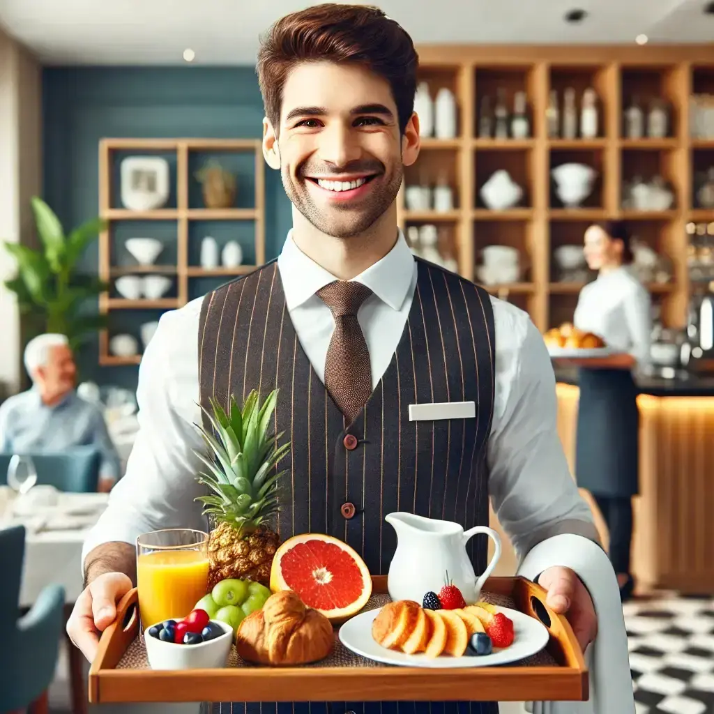 Smiling waiter serving breakfast with a tray of delicious food