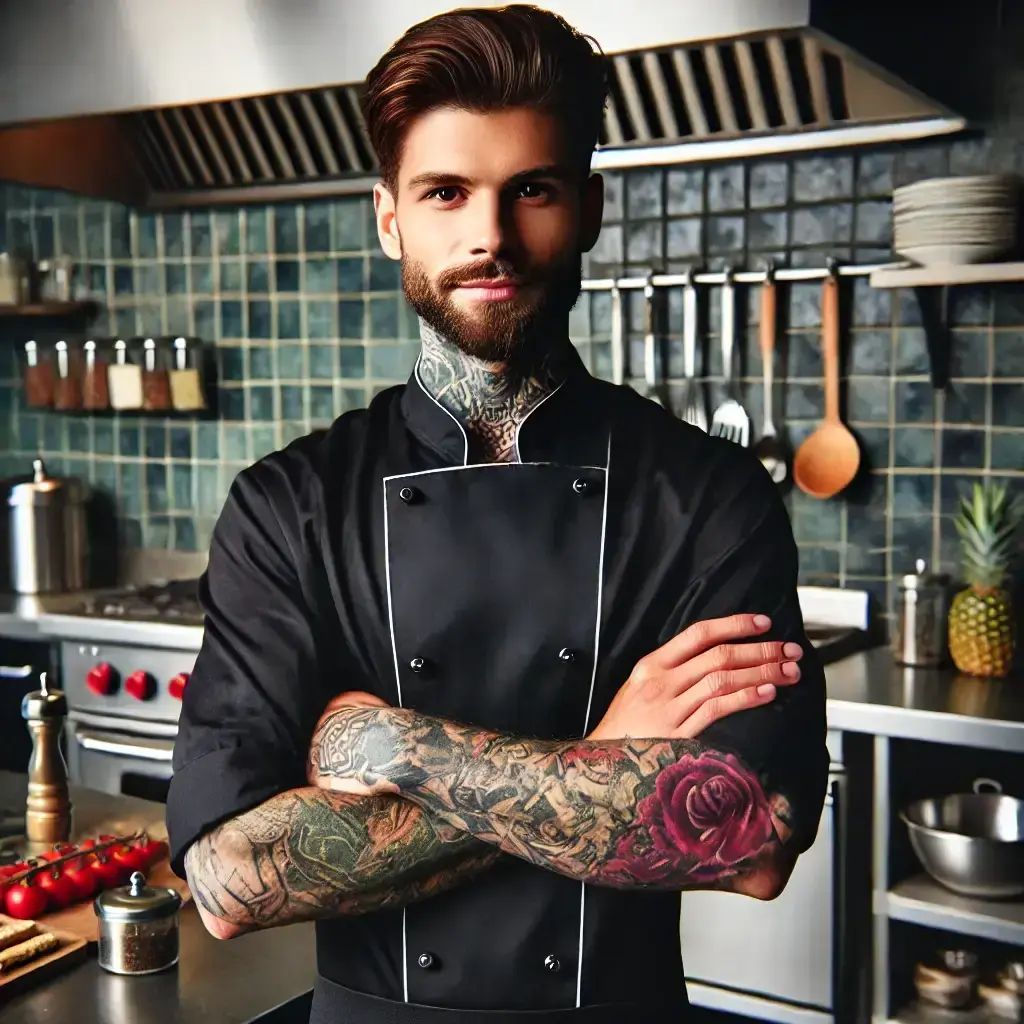 Professional chef with tattoos, standing confidently in the kitchen