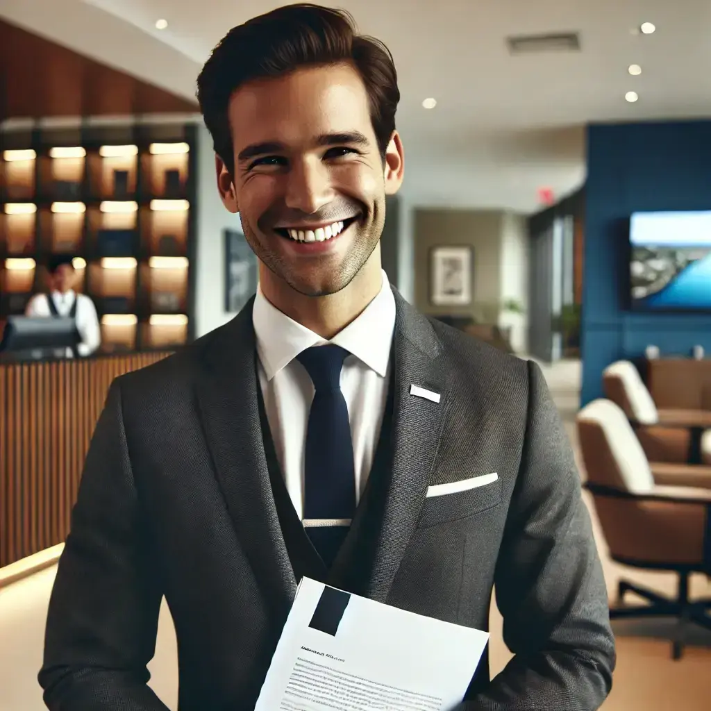 Smiling hotel manager in a suit, holding a document